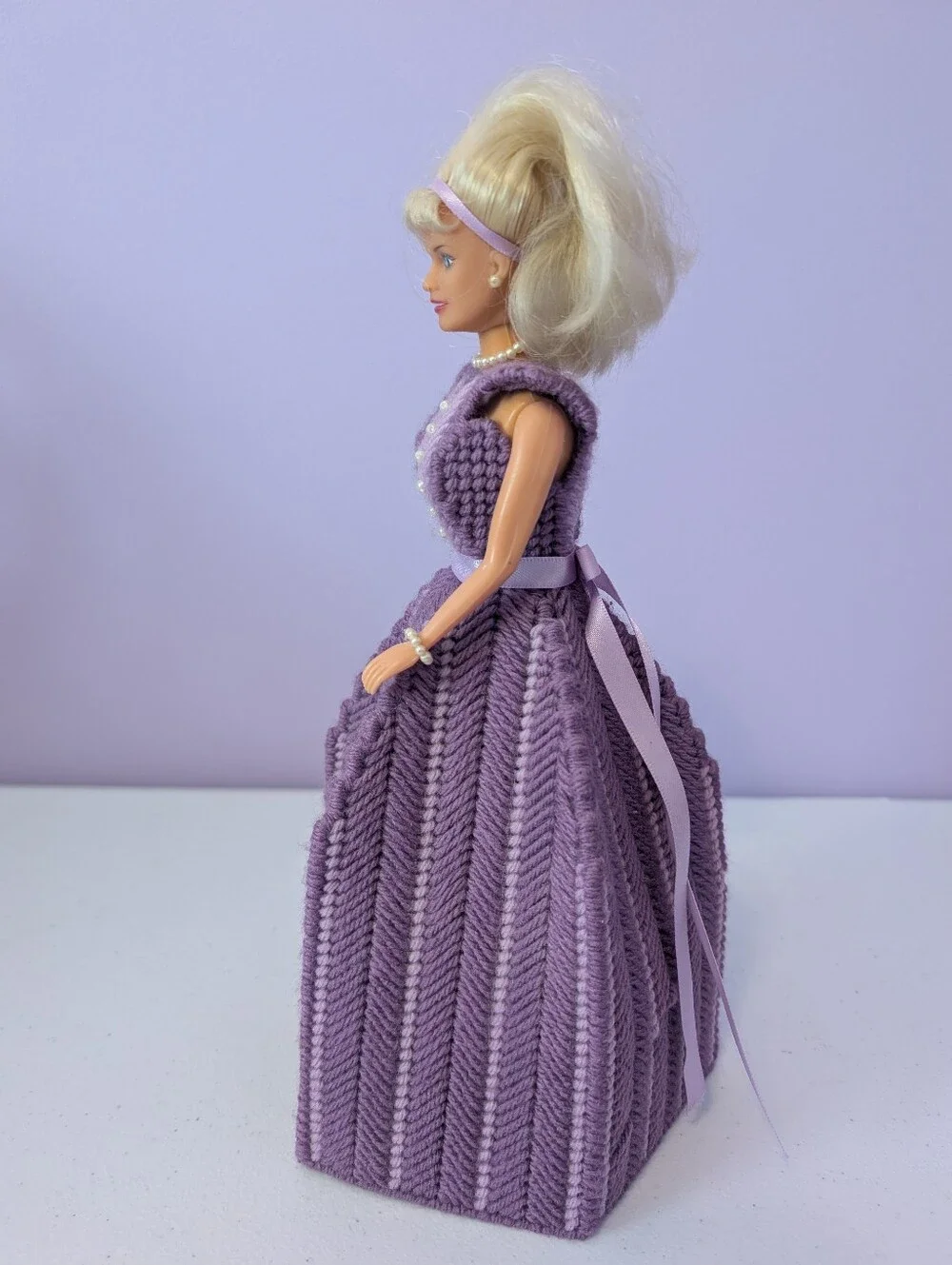 Vintage Toilet Paper Holder Lovely Patsy Doll Purple Stitching On Plastic Canvas